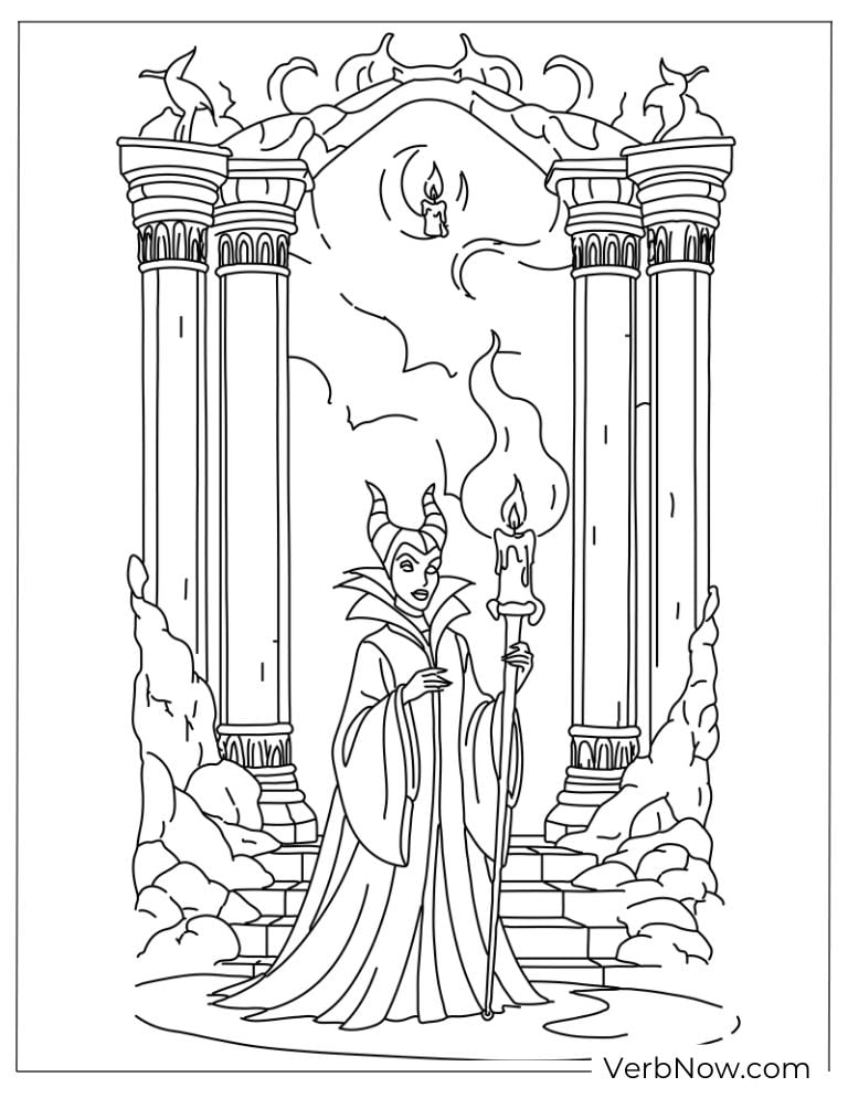 Maleficent casting a spell in front of tall columns