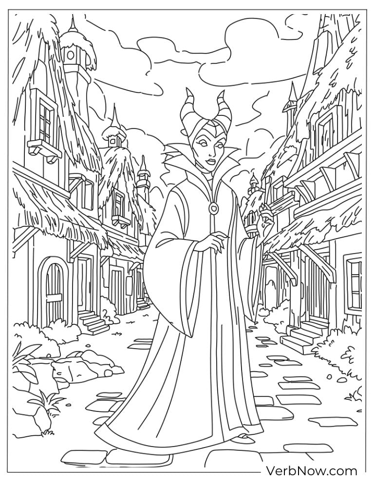 Maleficent walking through an old village street