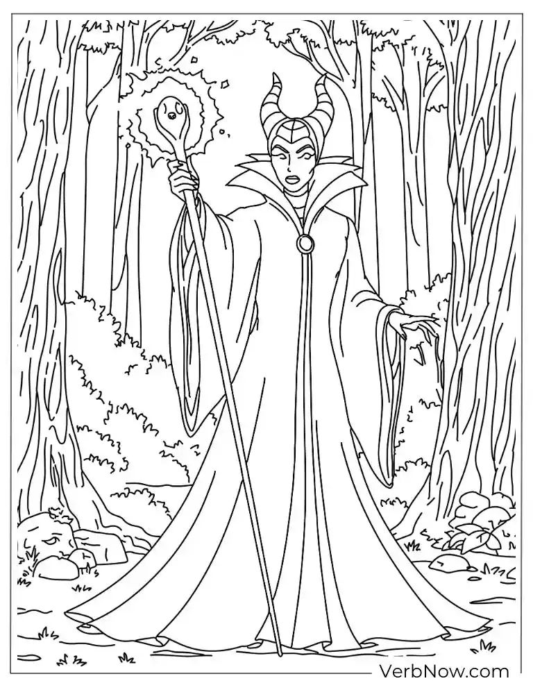 Maleficent holding her staff in the forest