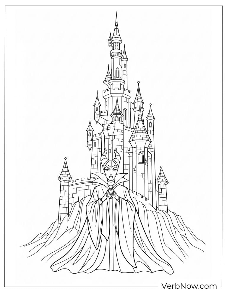Maleficent standing proudly in front of a castle
