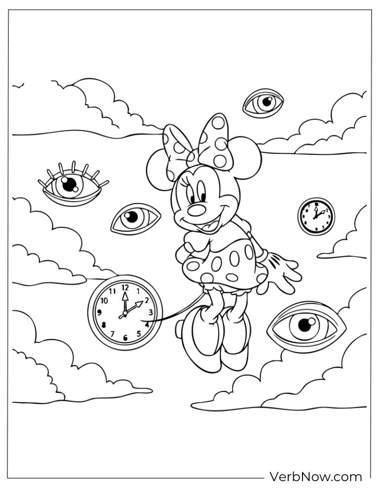 Minnie floating in the sky with clocks and eyes
