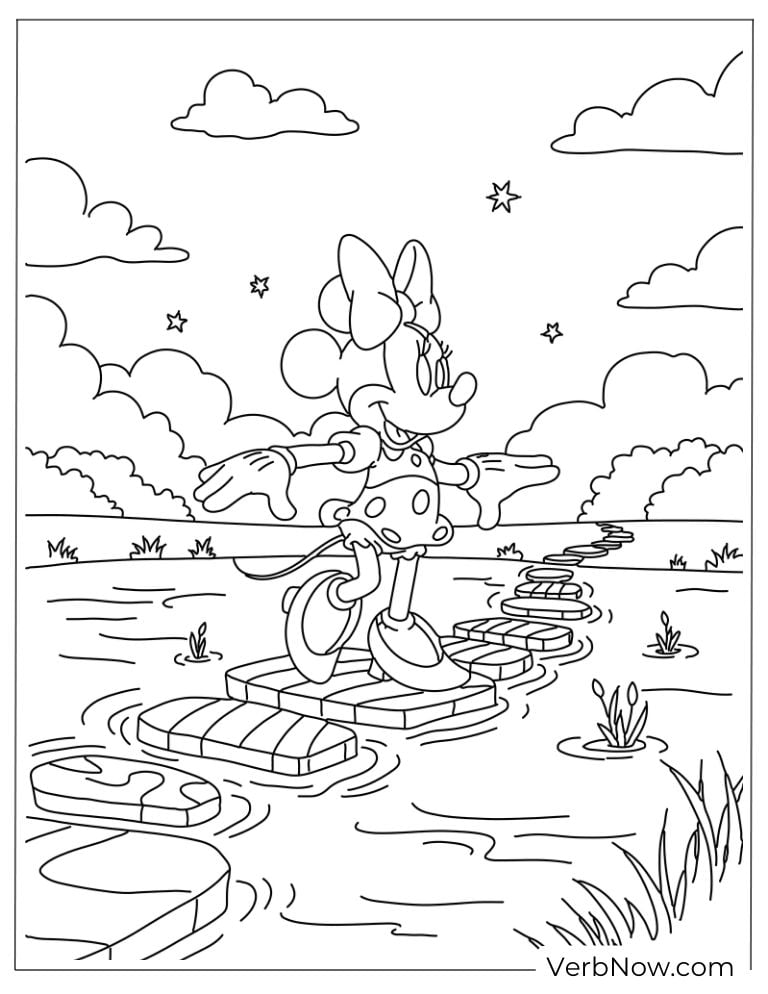 Minnie walking across stepping stones on a river