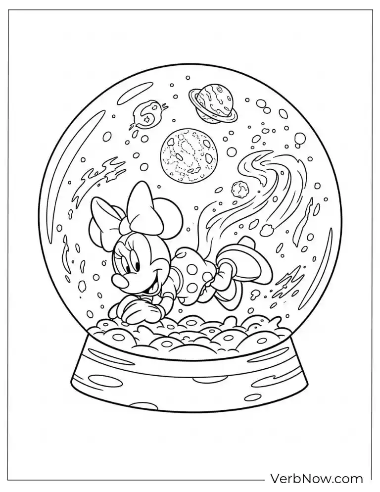 Free Minnie Mouse Coloring Pages (100% Printable PDF) Minnie exploring inside a magical snow globe with planets