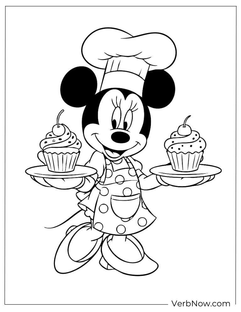 Minnie dressed as a chef holding cupcakes