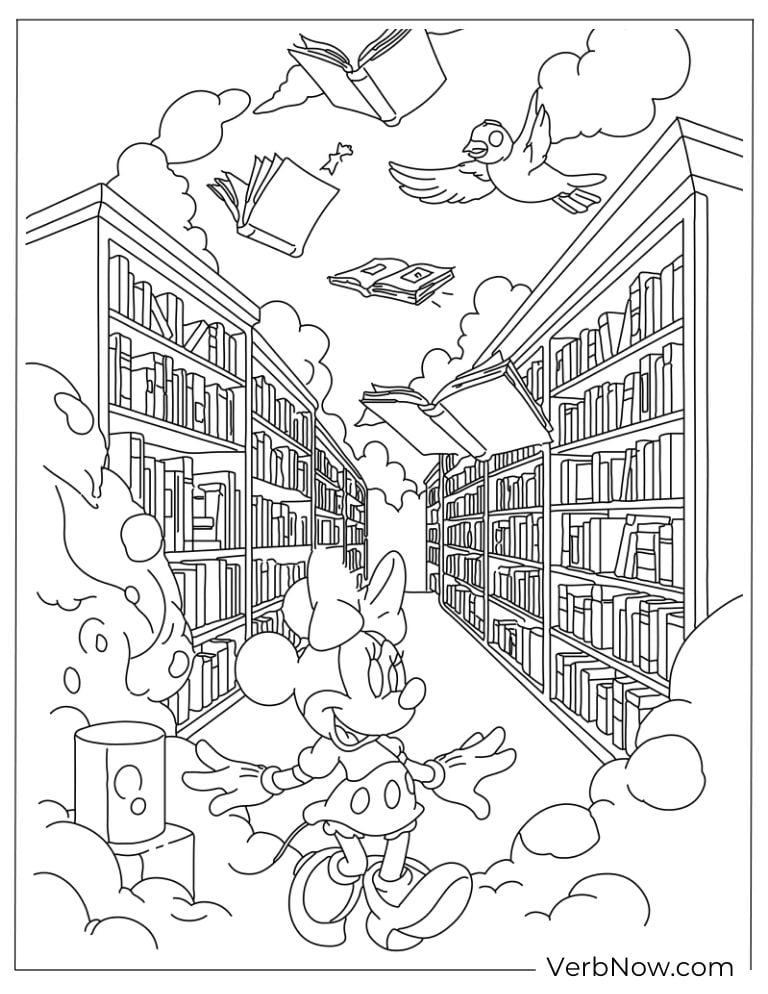 Minnie exploring a magical floating library