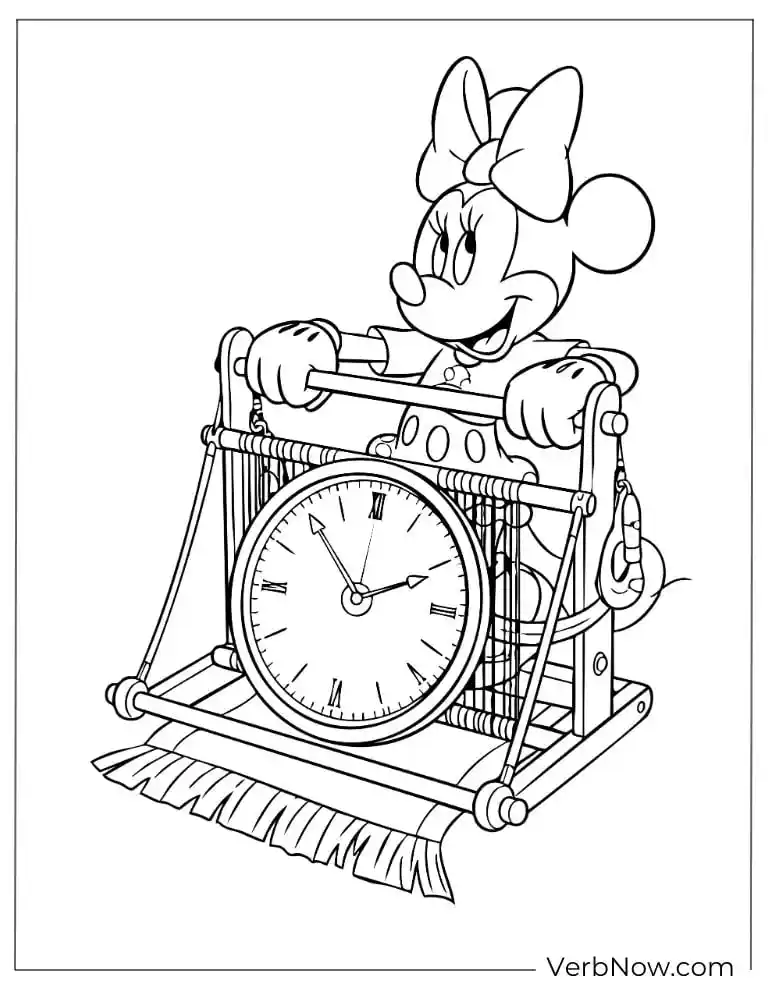 Free Minnie Mouse Coloring Pages (100% Printable PDF) Minnie standing behind a large clock