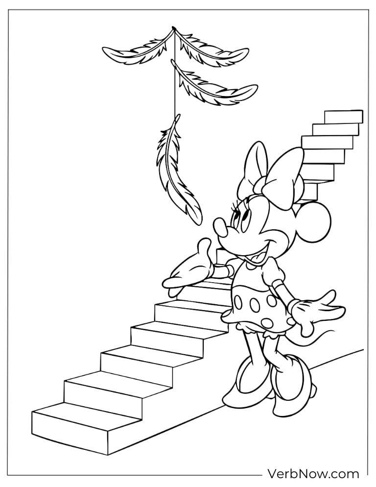 Minnie walking up a staircase with feathers above