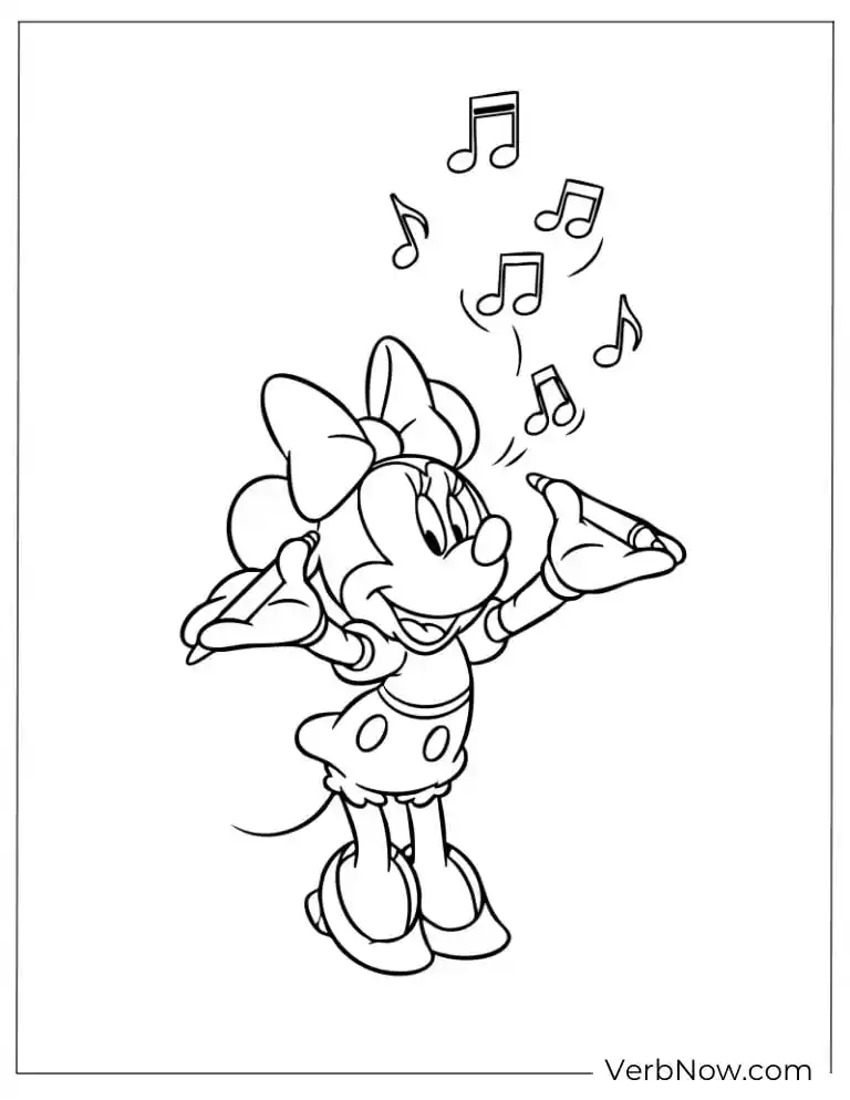 Free Minnie Mouse Coloring Pages (100% Printable PDF) Minnie singing joyfully with music notes around