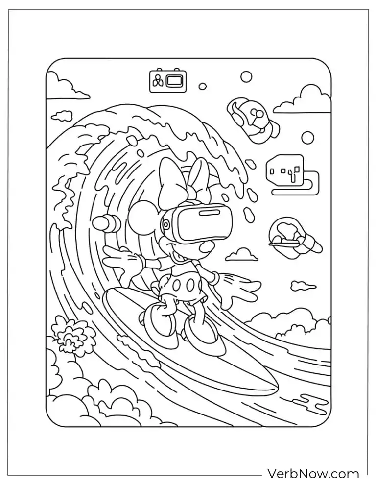 Free Minnie Mouse Coloring Pages (100% Printable PDF) Minnie surfing on a huge wave with a VR headset