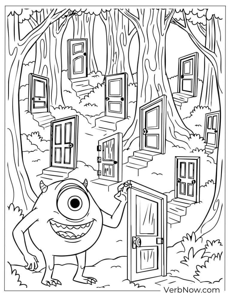 Mike walking through a forest filled with magical doors