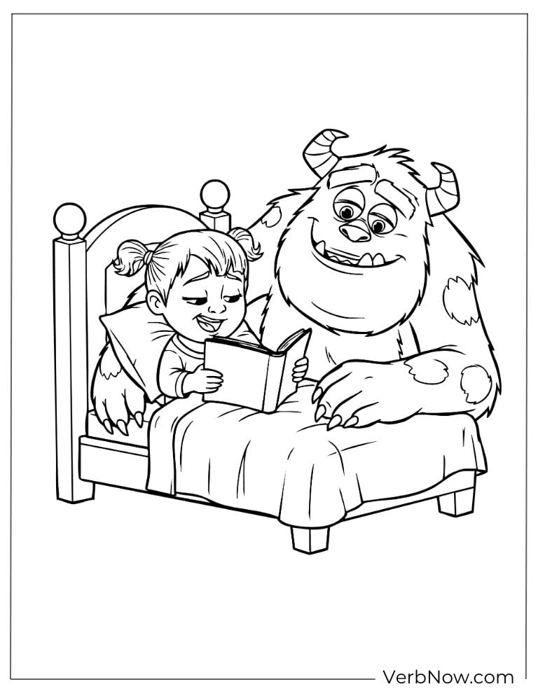 Boo reading a bedtime story while Sulley listens