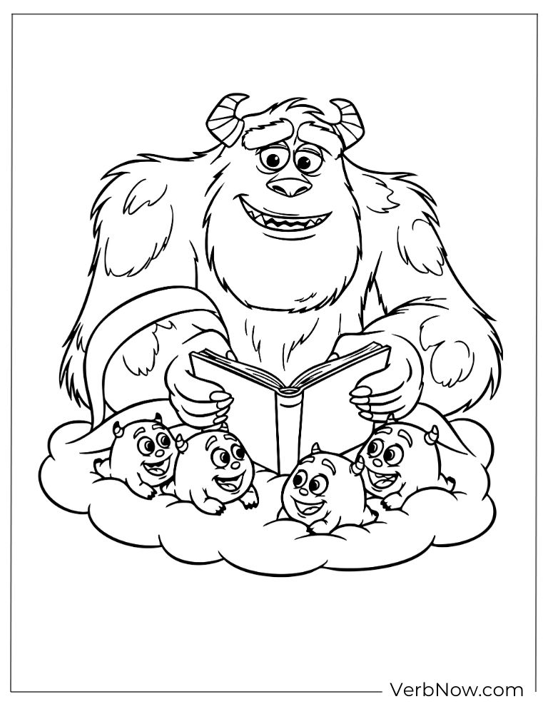 Sulley reading a story to little monsters on a cloud