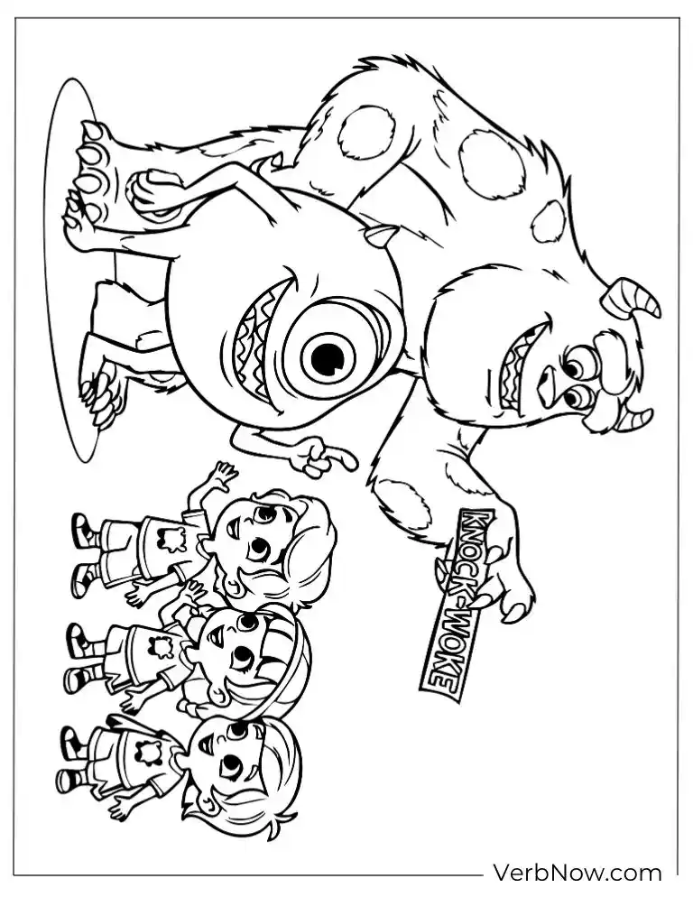 22 Free Monsters Inc Coloring Pages (100% Printable PDF) Sulley and Mike with little monsters dressed up for fun