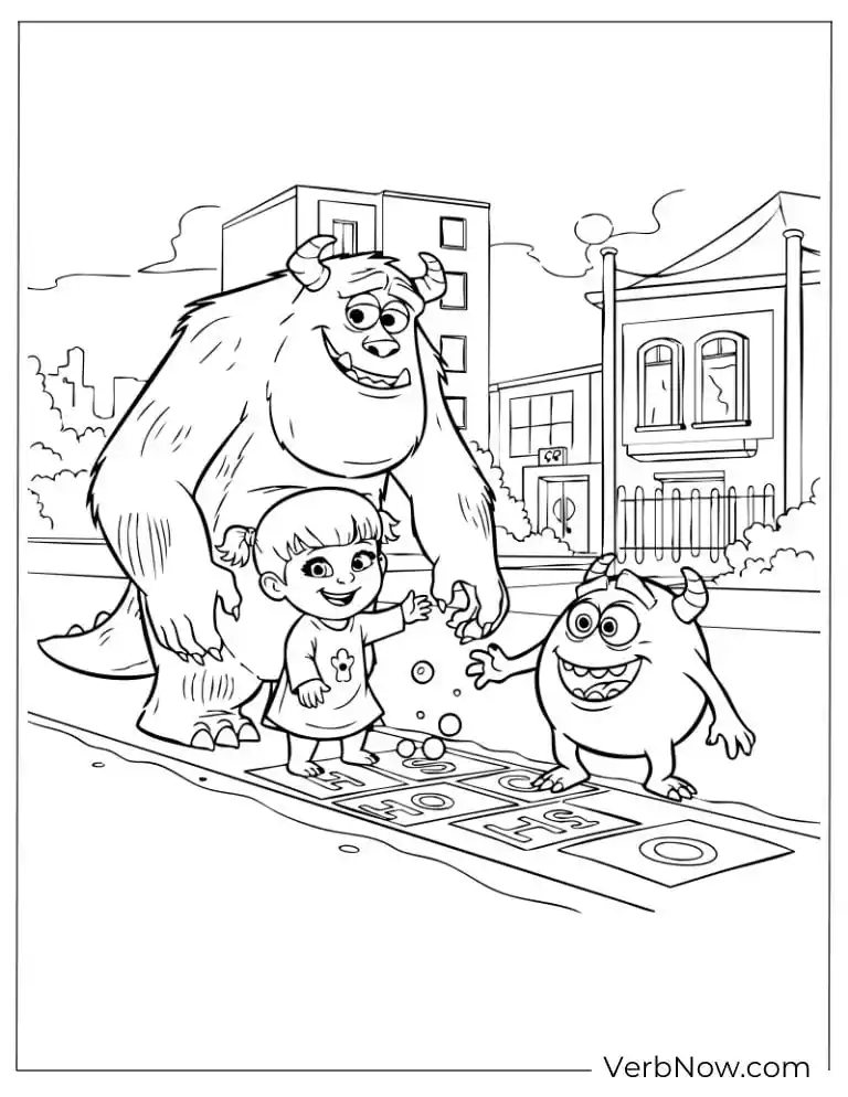 22 Free Monsters Inc Coloring Pages (100% Printable PDF) Boo playing hopscotch with Sulley and Mike