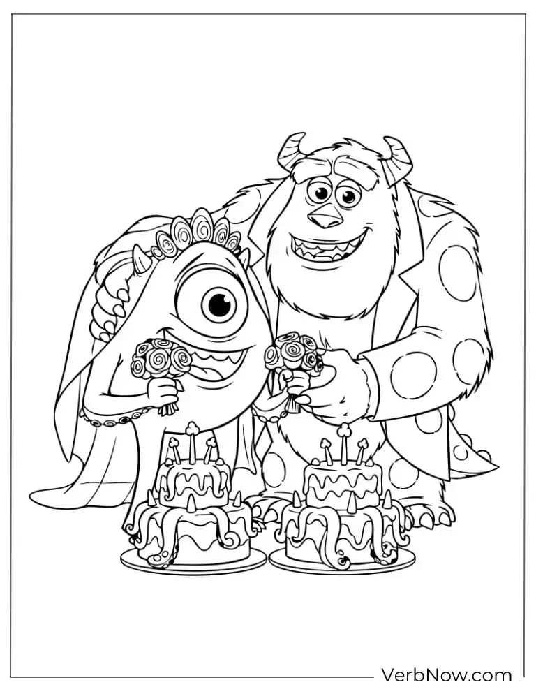 22 Free Monsters Inc Coloring Pages (100% Printable PDF) Sulley and Mike holding decorated cakes and smiling