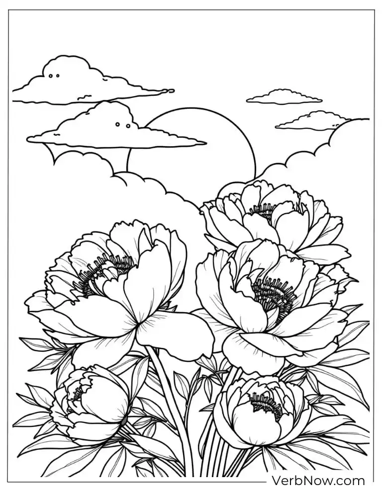 Garden of peonies under the setting sun