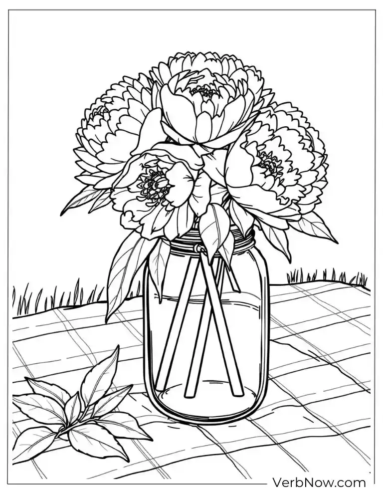 Mason jar filled with fresh peonies