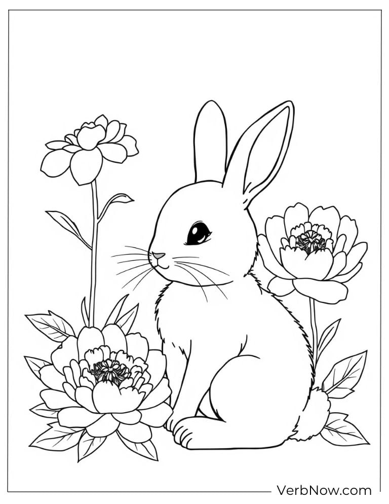 Cute bunny sitting beside blooming flowers