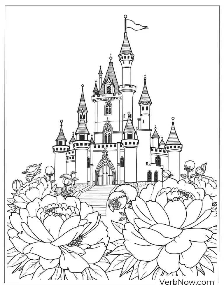 24 Free Peony Coloring Pages For Kids (Printable PDF) Fairytale castle surrounded by large peonies