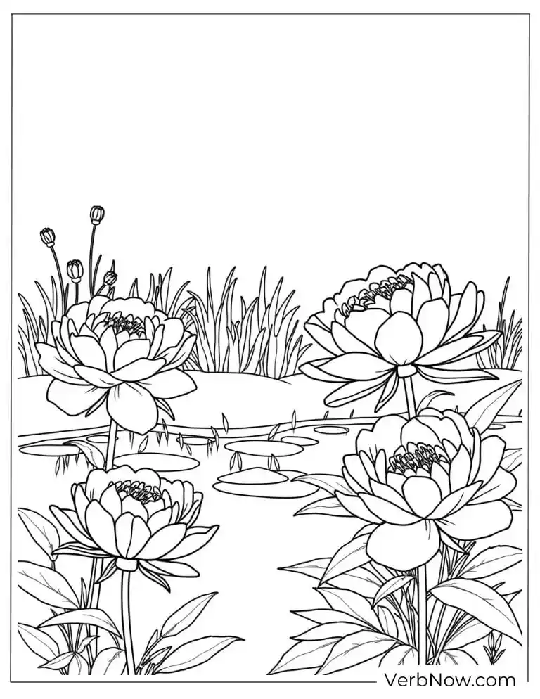 24 Free Peony Coloring Pages For Kids (Printable PDF) Pond surrounded by tall blooming peonies