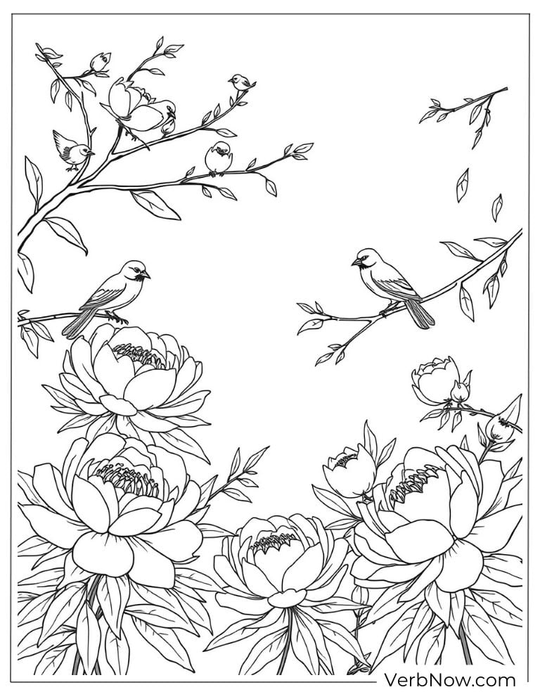 Birds perched on branches above blooming peonies