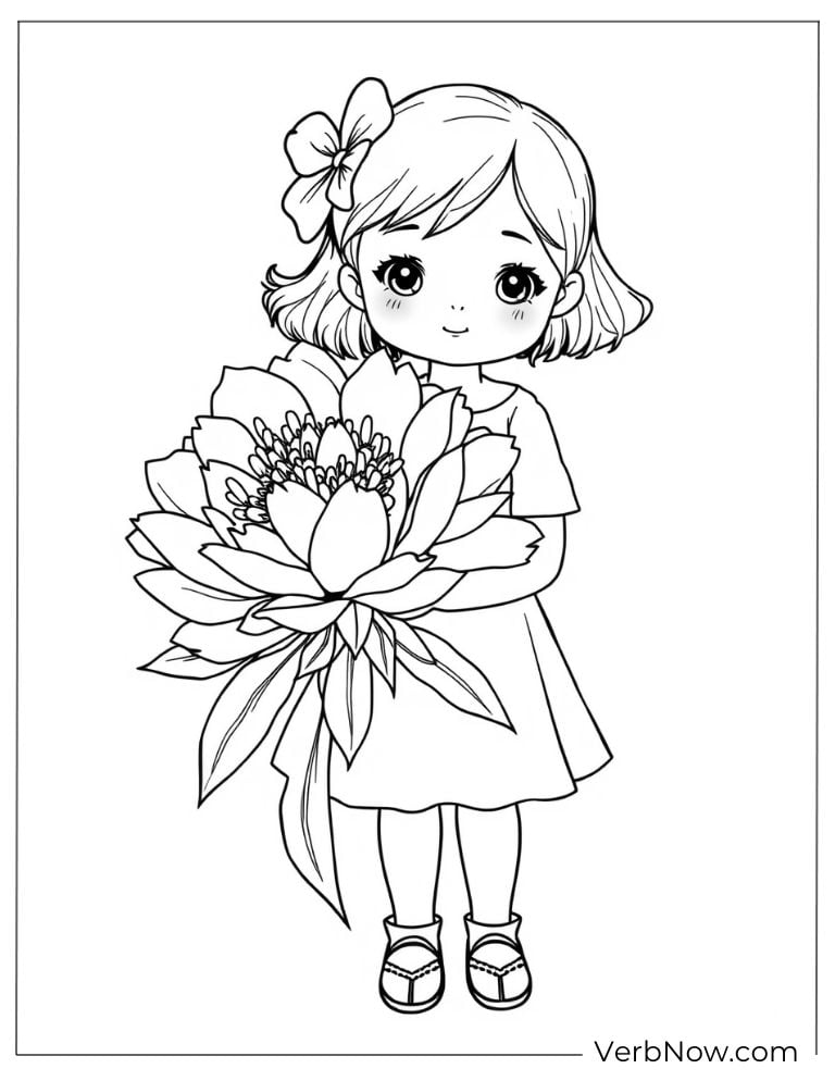 Cute girl holding a big bouquet of peonies