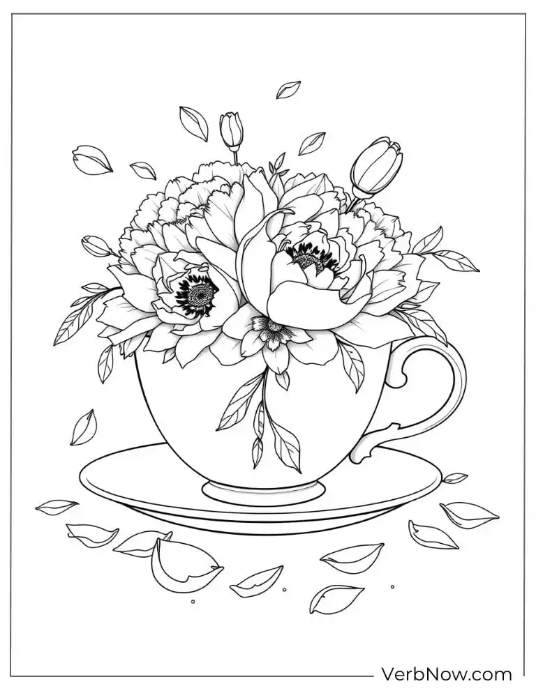 Teacup filled with peony flowers and falling petals