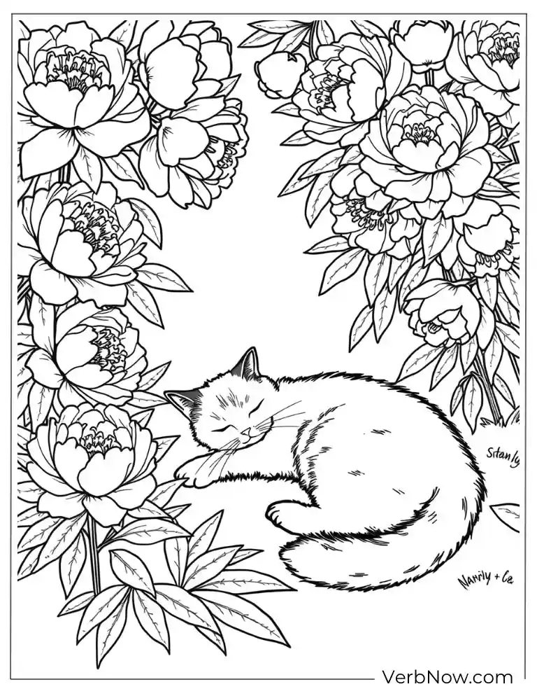 Sleeping cat surrounded by blooming peonies