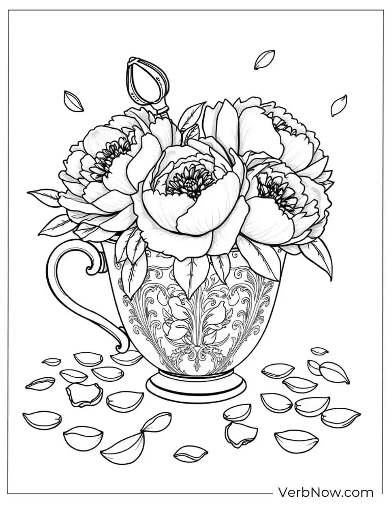 Decorative teacup with peonies and petals