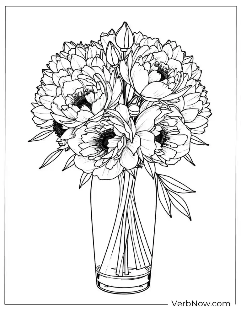 Tall vase filled with blooming peonies