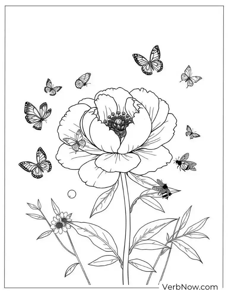 Peony flower with butterflies flying around