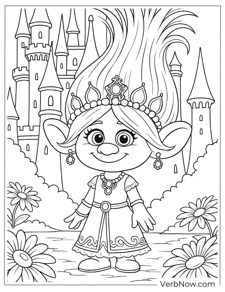 Poppy dressed as a princess in front of a castle