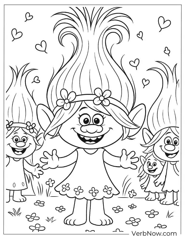 Poppy with friends, smiling and surrounded by hearts