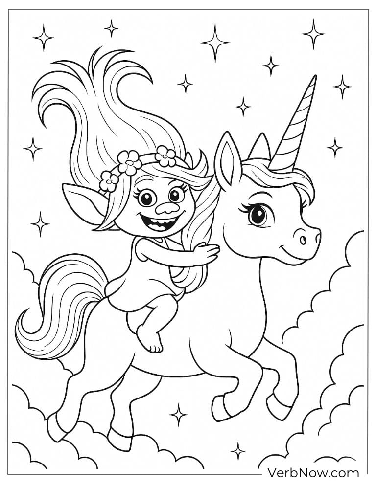 Poppy riding a magical unicorn through the sky