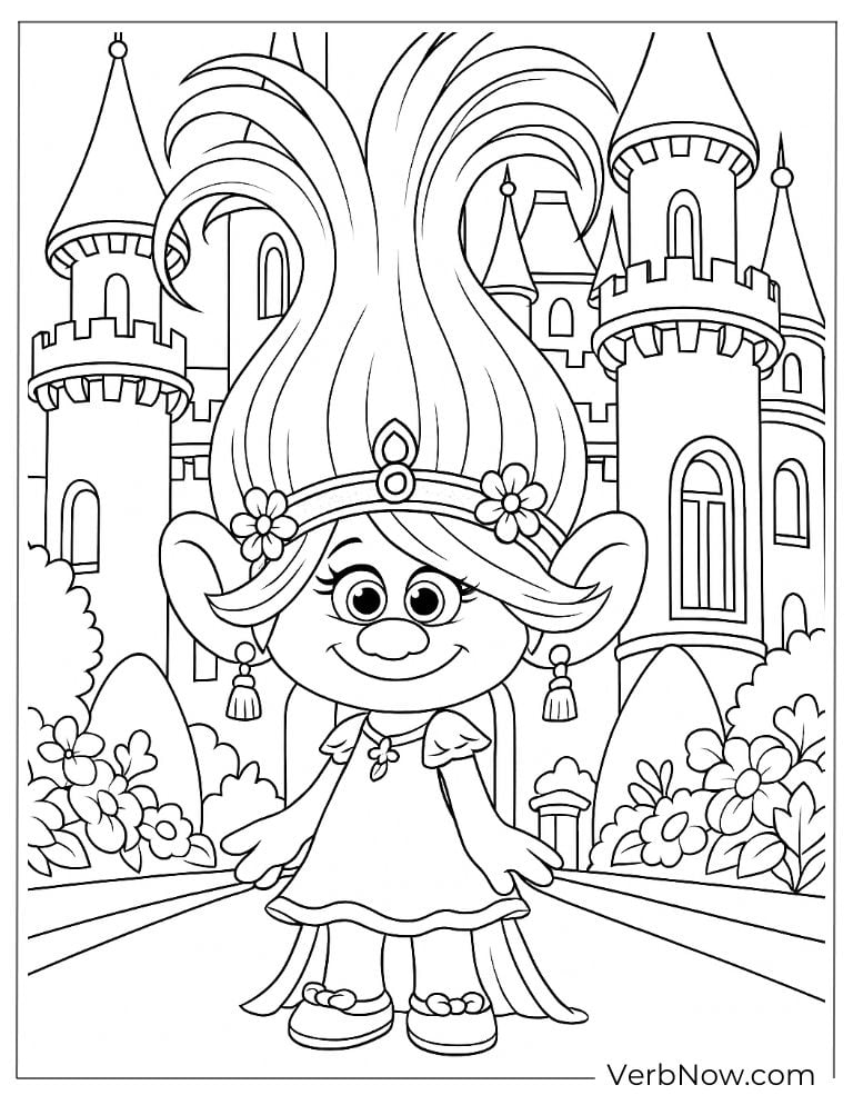Poppy dressed like a princess in front of a castle