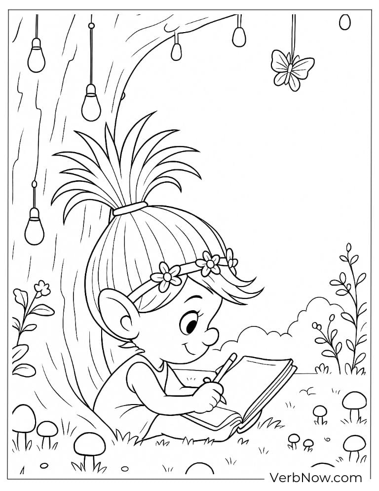 Poppy sitting under a tree and writing
