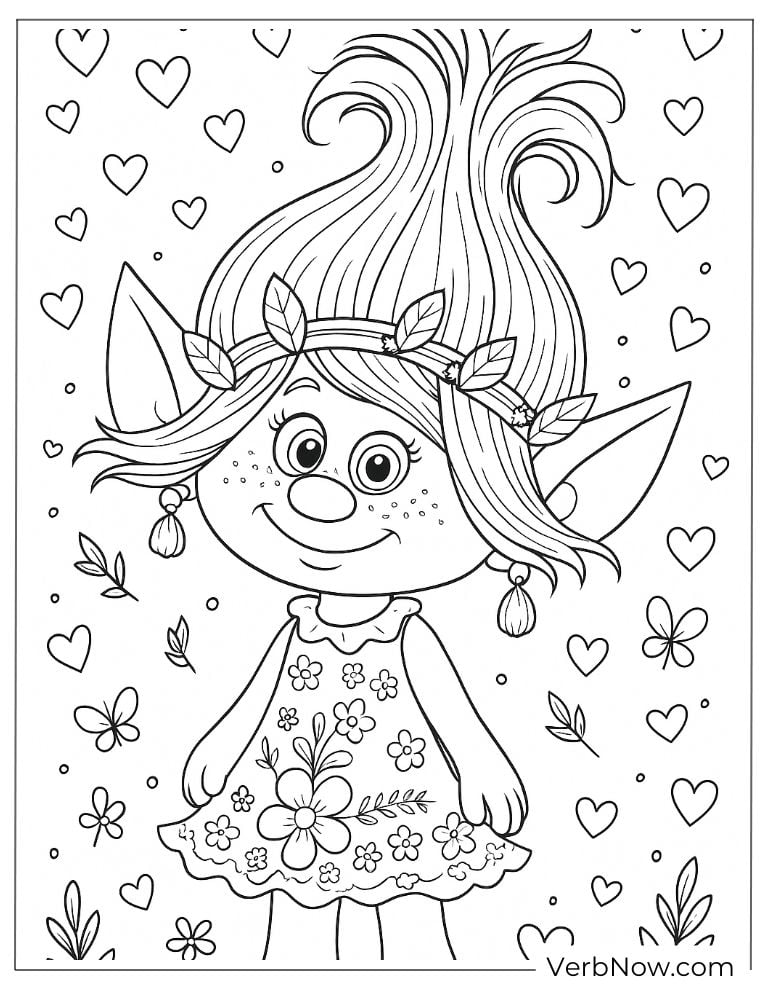 Poppy smiling with hearts and flowers around her