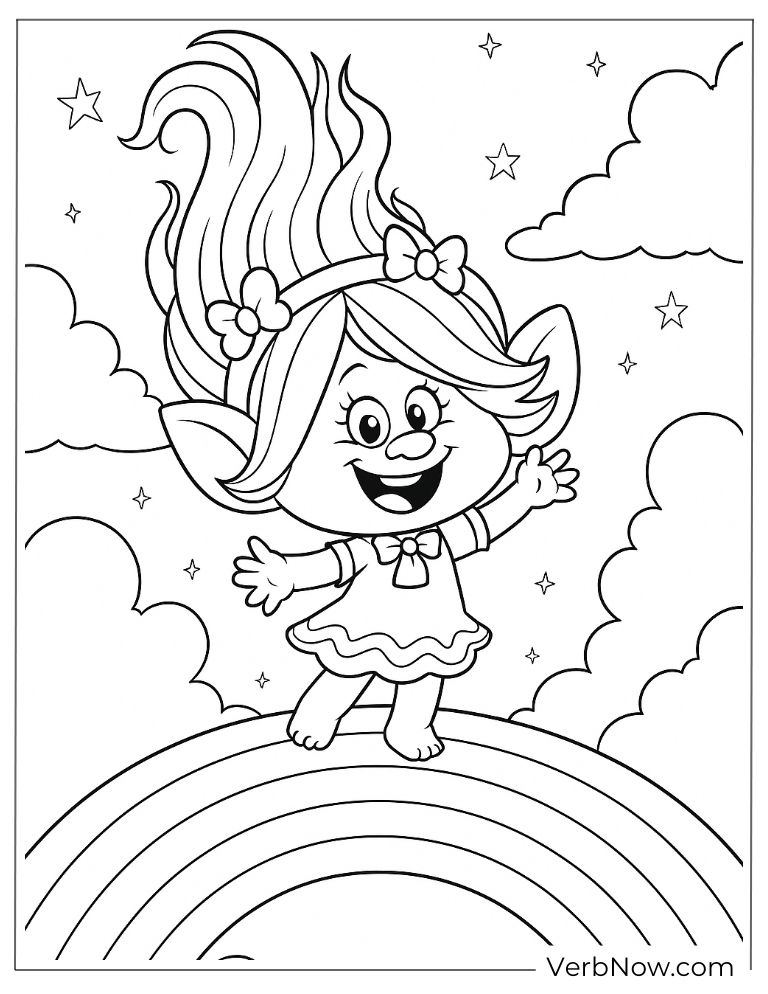 Poppy standing on a rainbow with joy