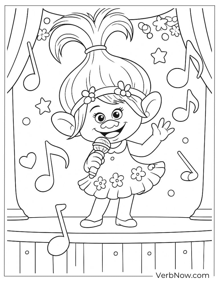 Poppy singing on stage with musical notes