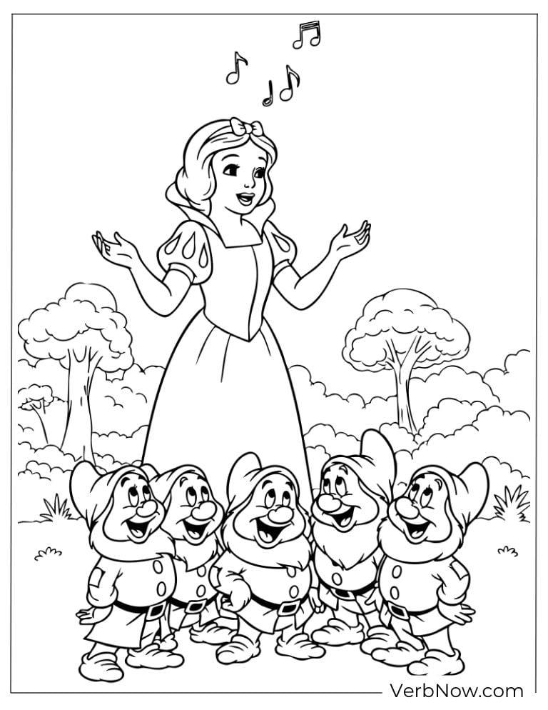 Snow White singing joyfully with the seven dwarfs
