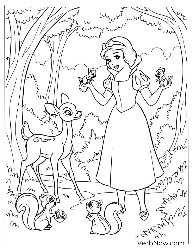 Snow White surrounded by forest animals