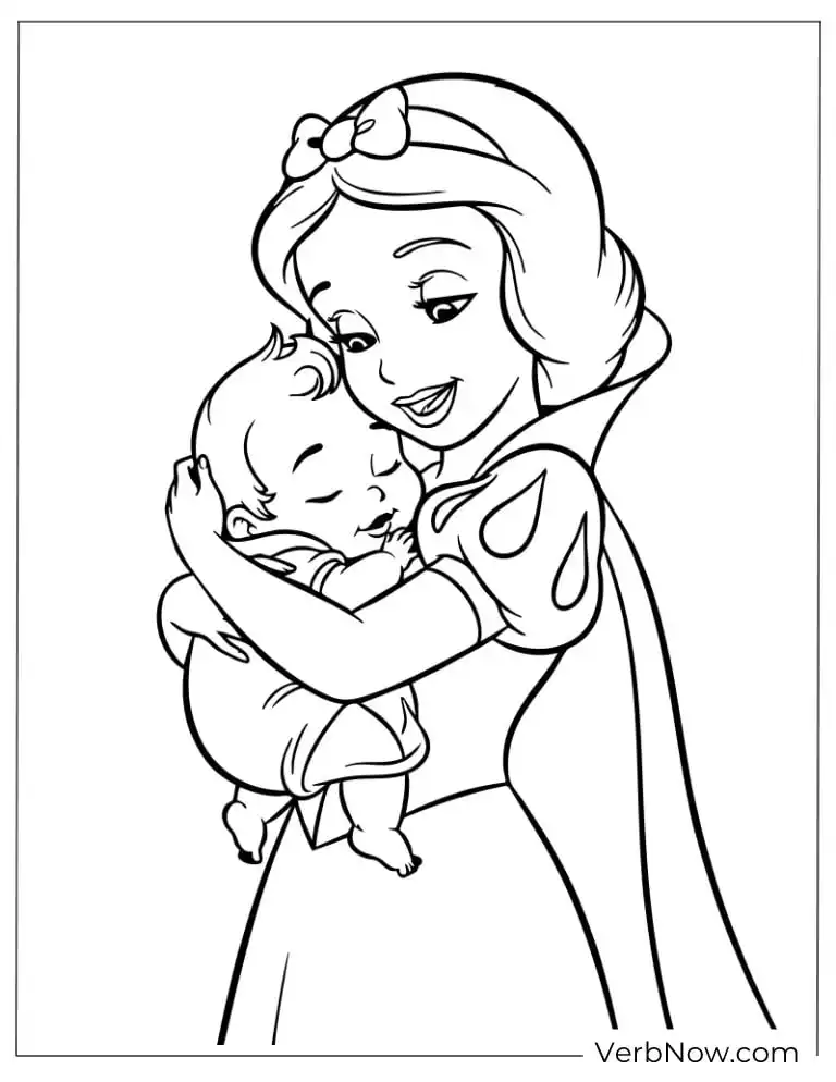 22 Free Snow White Coloring Pages (Printable PDF) Snow White cuddling a baby warmly