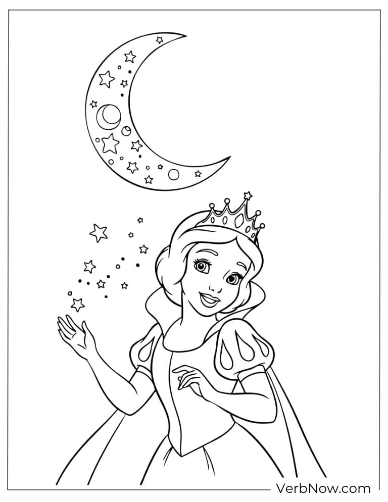 Snow White smiling under the moon and stars