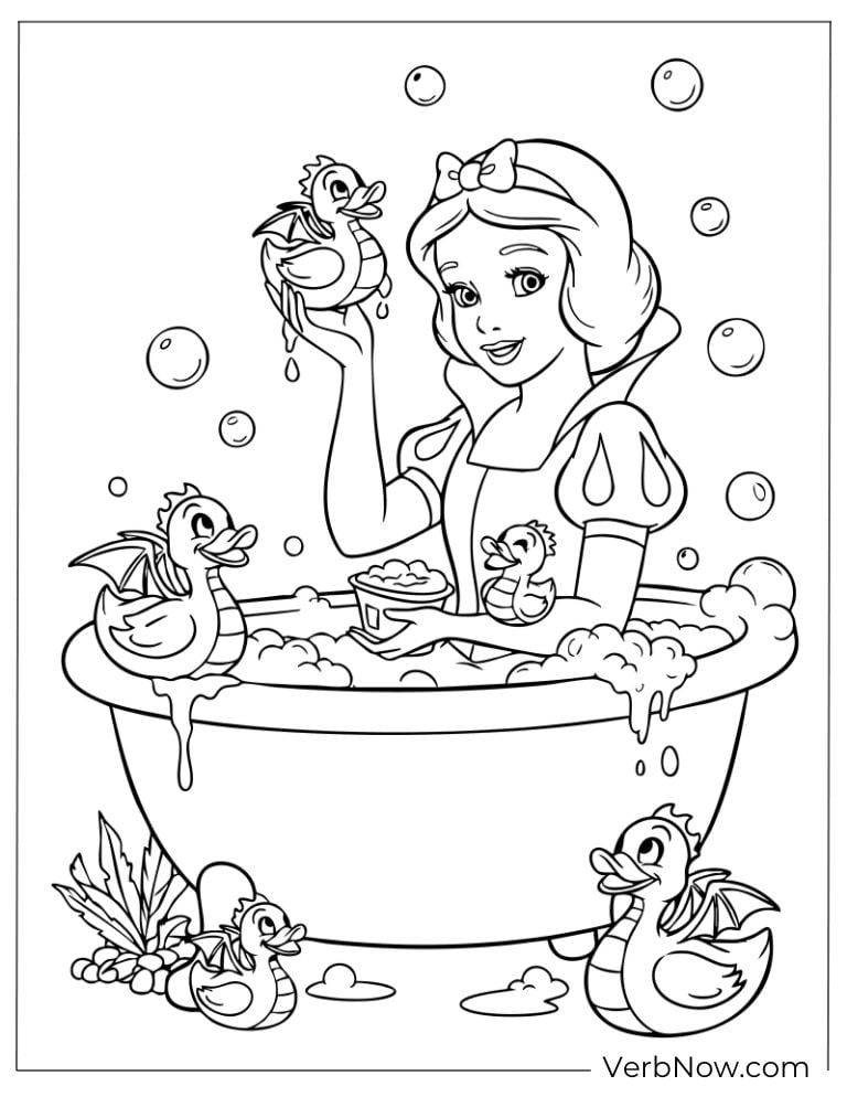 Snow White enjoying a bubble bath with ducks around her