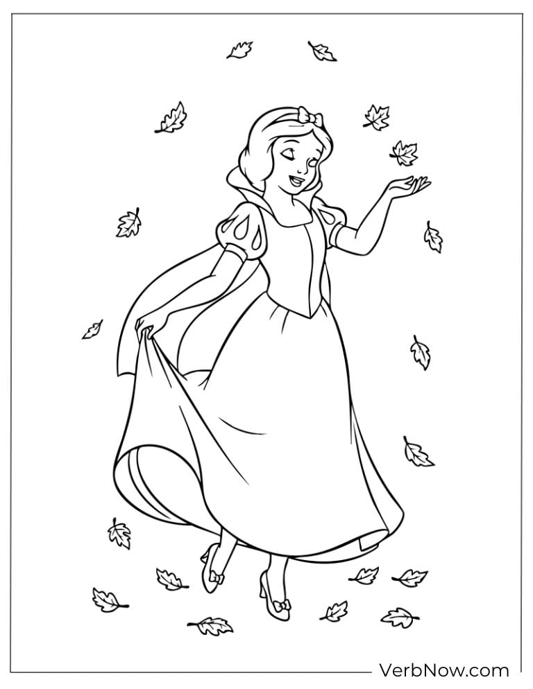 Snow White dancing gracefully among falling leaves