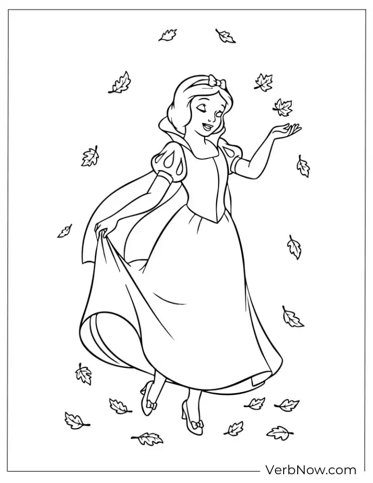 Snow White dancing gracefully among falling leaves