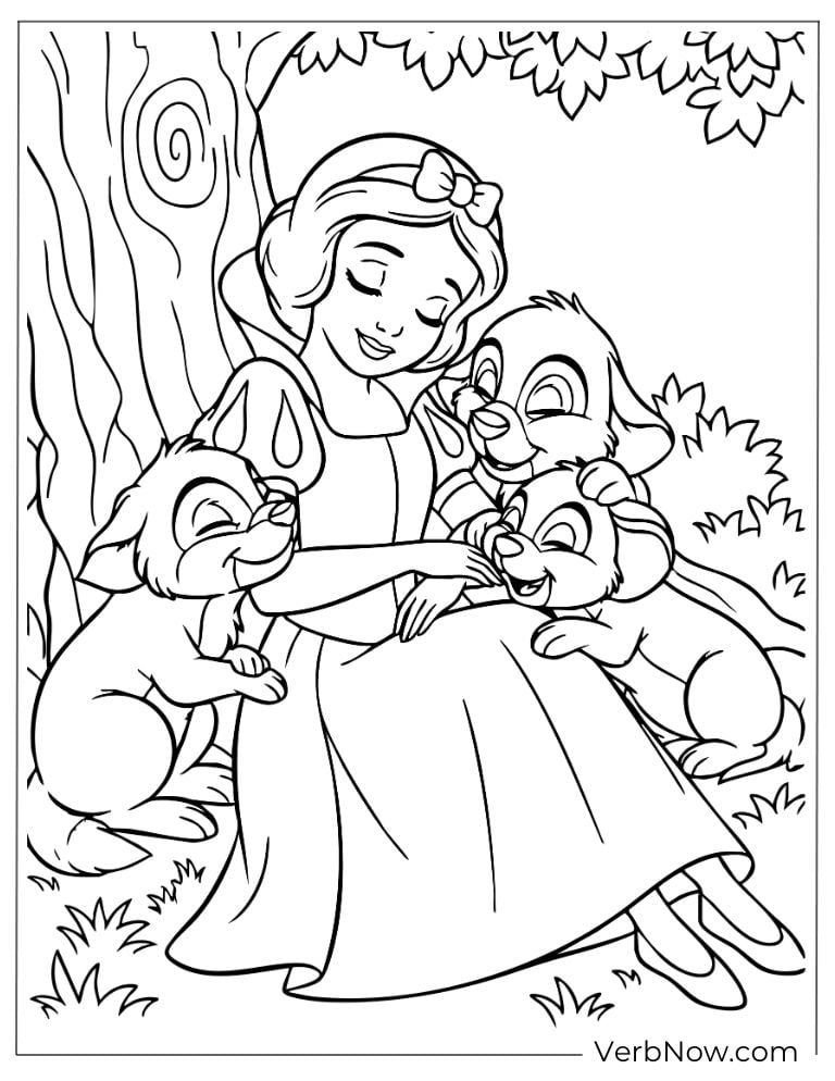 Snow White sitting in the grass with forest animals