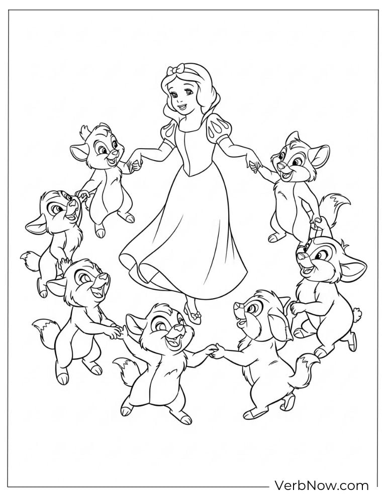 Snow White dancing in a circle with the dwarfs