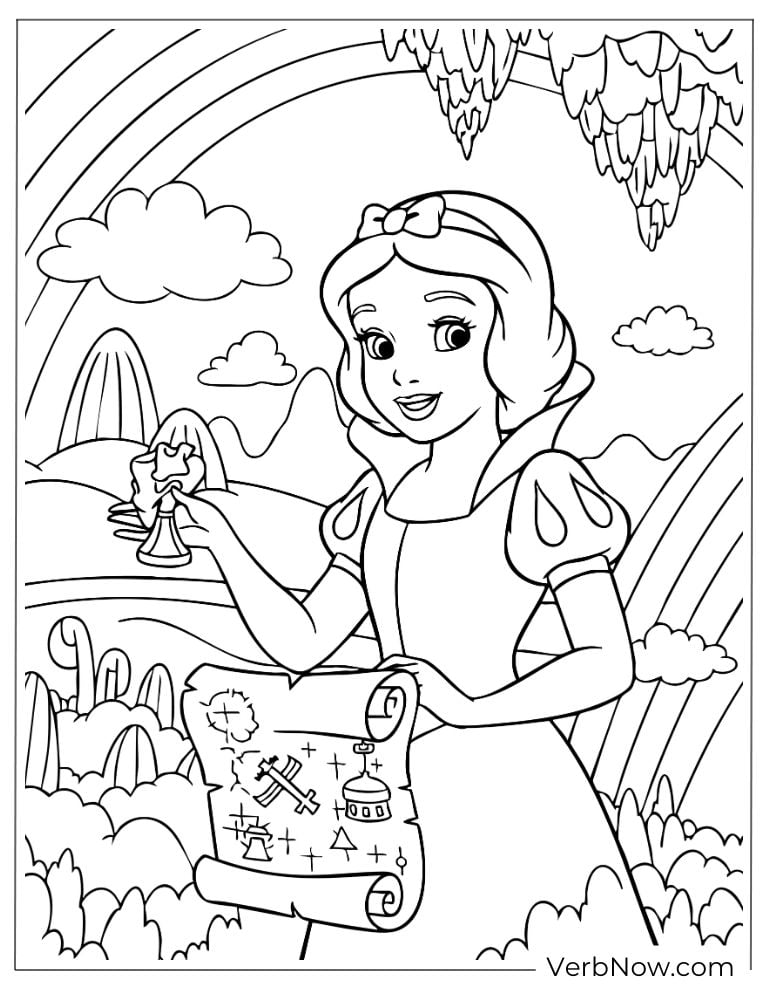 Snow White holding a treasure map under a rainbow