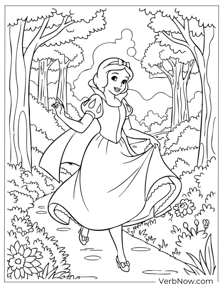 Snow White walking happily along a forest path